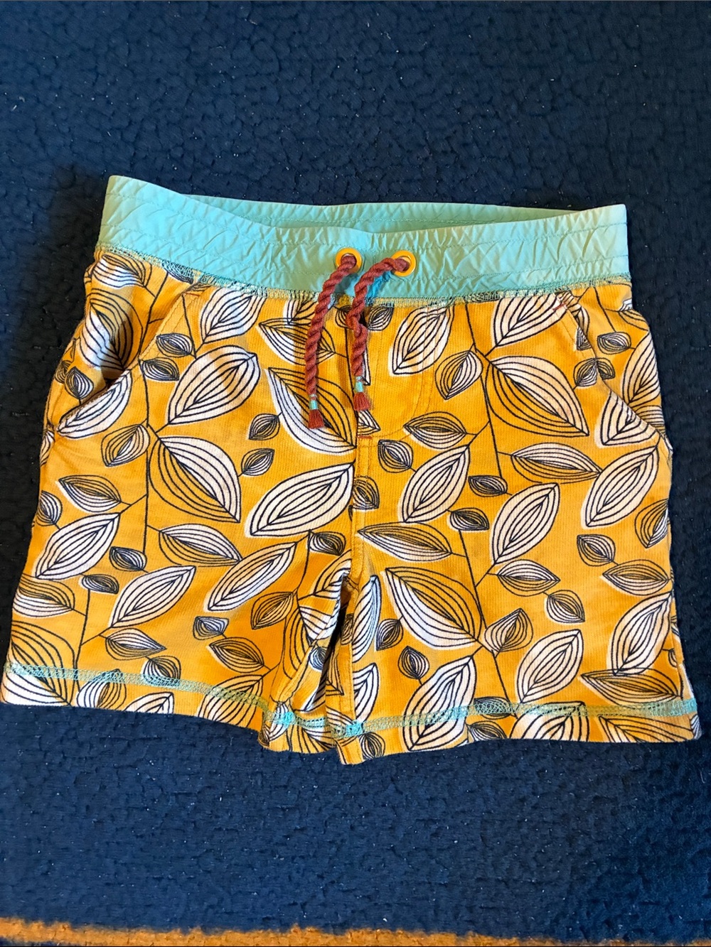 Matilda Jane Yellow Leaf-Print Swim Trunks with Mint Waistband